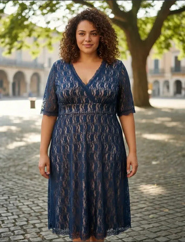 Vestido De Encaje Talla Grande Modelo Azulino 3xl
