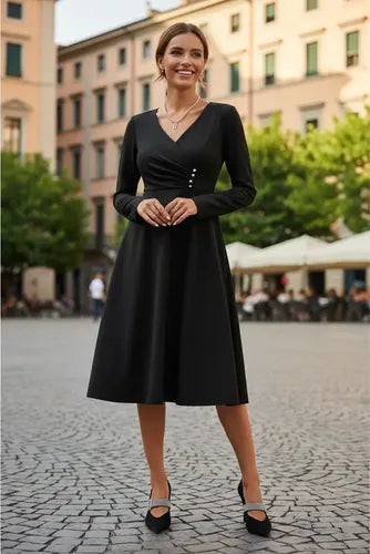 Vestido Vintage Línea A  Cuello Cruzado Manga Larga Va 481