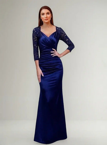 Vestido Fiesta Largo Azul Satinado  Va 405