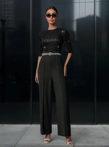 Entero Jumpsuit Mono Negro Fiesta Sin Cinturón El 63