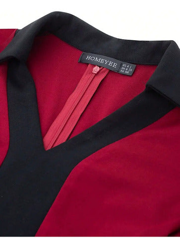 Vestido Ajustado Oficina Cóctel Cuello Camisero Va 587 Rojo L