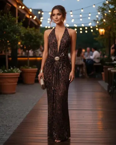 Vestido largo café oscuro escote V sin mangas