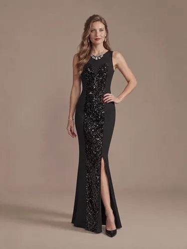 Vestido largo de fiesta negro cuello redondo sin mangas