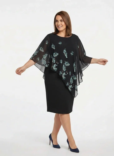 Vestido midi negro manga murciélago evasé talla grande