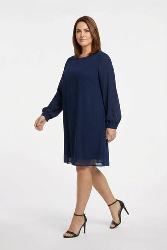 Vestido midi azul y negro túnica gasa manga larga