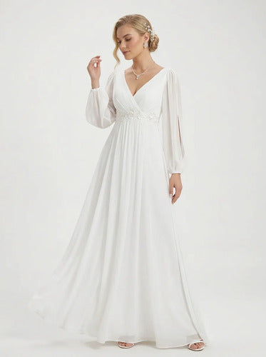 Vestido de novia evasé escote V manga larga