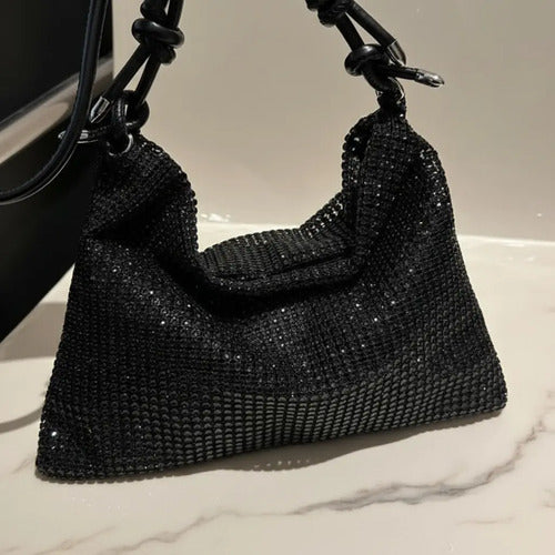 Cartera clutch negro y plateado brillante, de mano, para la noche