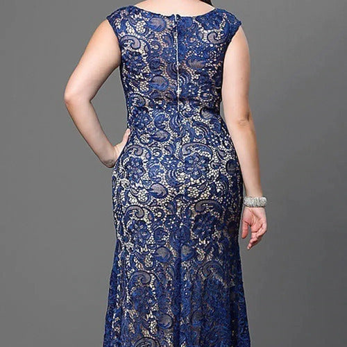 Vestido Fiesta Talla Grande Azul Encaje Vg 77