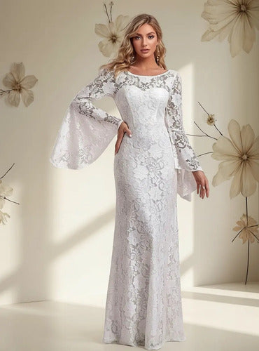 Vestido Novia Encaje Manga Con Volante Espalda Abierta Ne 24