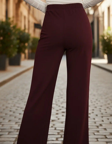 Pantalón Mujer Pierna Ancha Cintura Elasticada Pt 16 Burdeo S