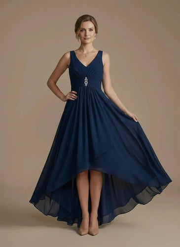 Vestido largo azul asimétrico escote corazón