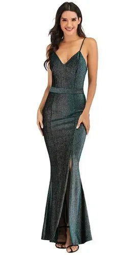 Vestidos Fiesta Largo Bodycon Sin Espalda Brillo Tajo Va 408