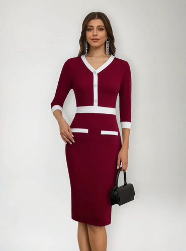 Vestido Ajustado Oficina Cóctel Escote V Mangas Va 583