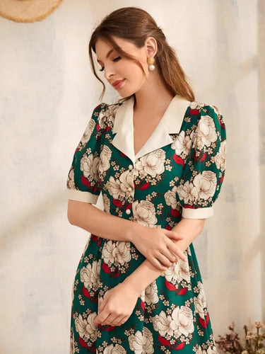 Vestido Largo Estampado Romántico Va 573 Verde Xl