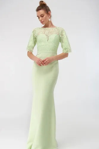 Vestido De Fiesta Graduación Manga De Encaje Td 25  Verde Claro 34