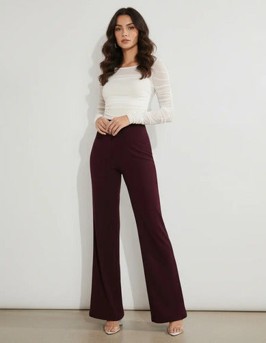 Pantalón Mujer Pierna Ancha Cintura Elasticada Pt 16 Burdeo S