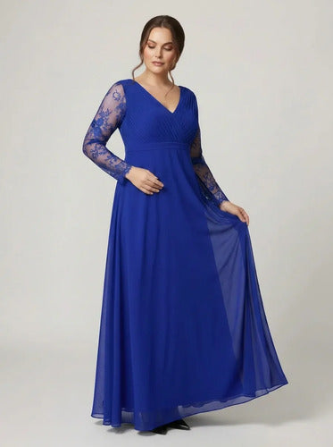 Vestido largo de fiesta evasé en gasa con manga larga