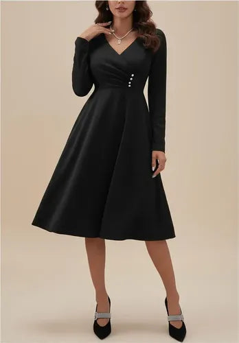 Vestido Vintage Línea A  Cuello Cruzado Manga Larga Va 481