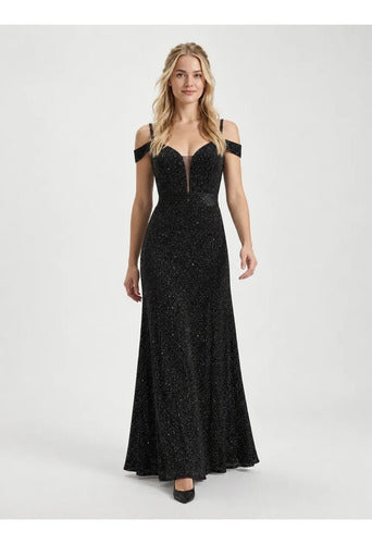 Vestido largo de fiesta terciopelo negro hombros caídos