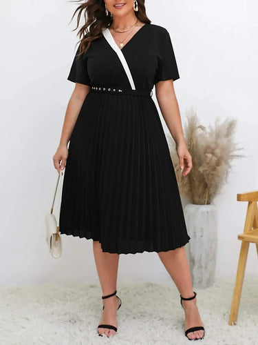 Vestido Fiesta Talla Grande Plisado Manga Vg 154 Negro 3xl
