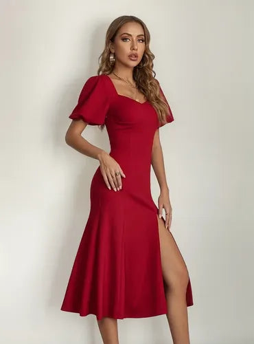 Vestido Ajustado Largo Vintage Manga Farol  Va 496 Rojo S
