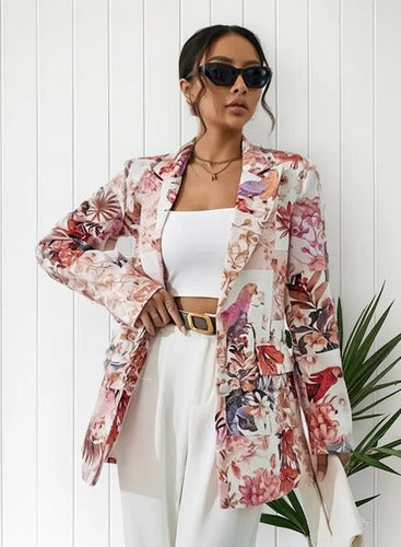Blazer Forrado Estampado Floral Cuello Esmoquin Botones Bb 19 Rosa M