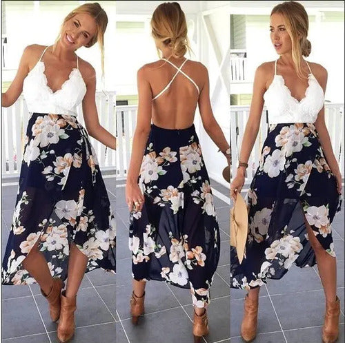 Vestido Azul Con Encaje Blanco Va 204