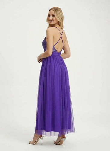 Vestido largo multicolor tul y lentejuelas evasé