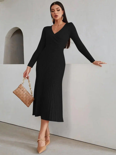 Vestido De Punto Cuello Cruzado Jersey Canalé Vt 01