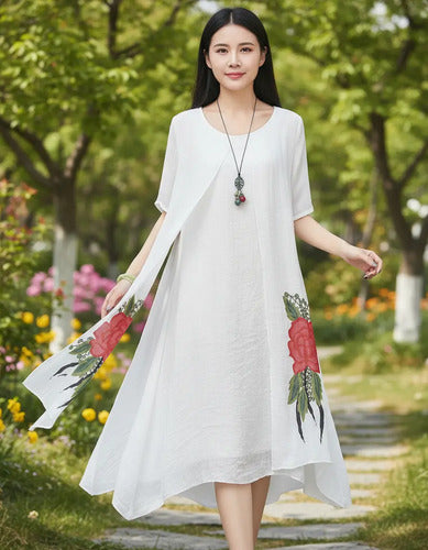 Vestido Blanco Flor Roja  Vd 50 Blanco L