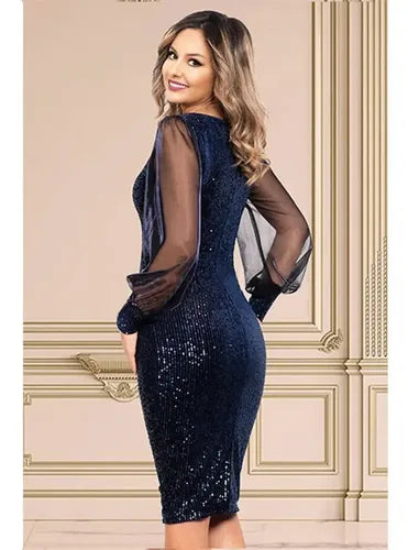 Vestido Fiesta Lentejuelas Azul Manga Larga Vl 30
