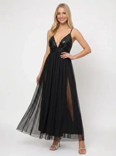 Vestido largo multicolor tul y lentejuelas evasé