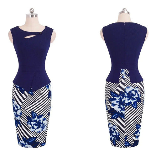 Vestido Azul Peplum Coctel Oficina Sin Manga Va 161
