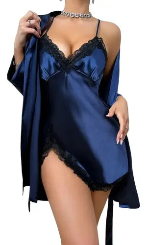 Camisón Y Bata Satín Lencería Set De Pijama Babydolls Pj 14 Azul M