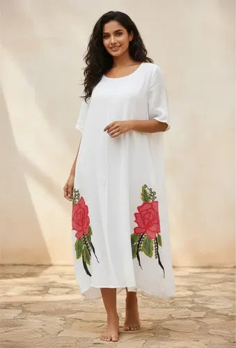 Vestido Blanco Flor Roja  Vd 50 Blanco L