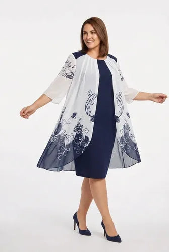 Vestido midi azul floral evasé talla grande