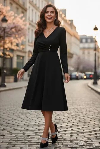 Vestido Vintage Línea A  Cuello Cruzado Manga Larga Va 481