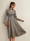 Vestido Manga Larga Campana Cuello Esmoquin Cinturón Va 565 Marrón Cuadritos L