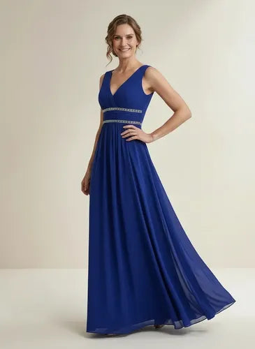 Vestido largo de gala de gasa escote V