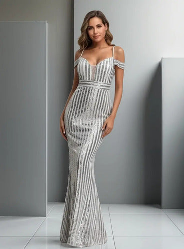 Vestido De Fiesta Largo Plateado Dorado Lentejuelas Vl 29