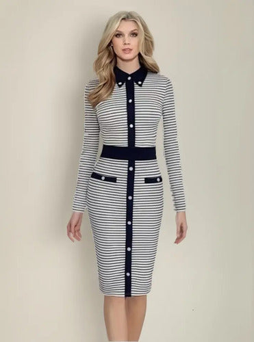 Vestido Talla Grande Blanco Líneas Azules Vg 15