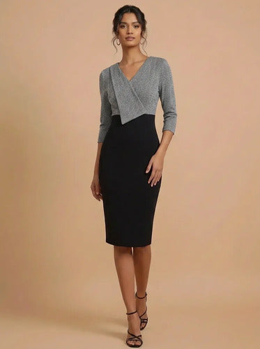 Vestido midi blanco y gris bodycon escote cruzado