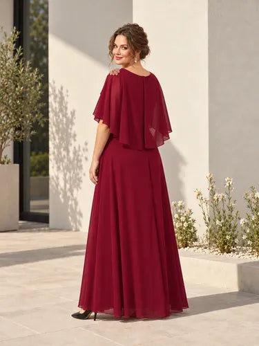 Vestido largo evasé bordó cuello cubierto, talla grande