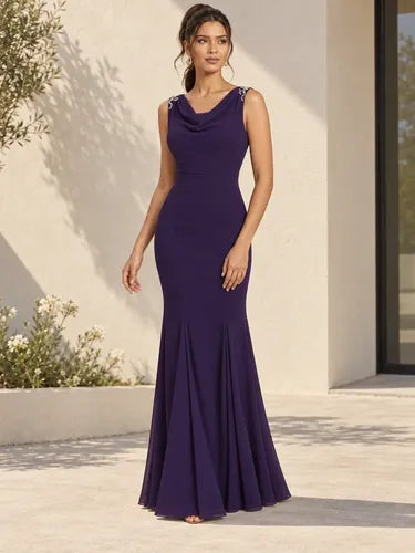 Vestido largo de fiesta gasa violeta escote V