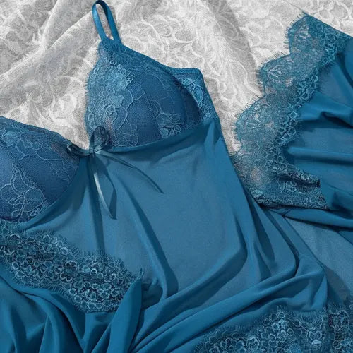 Camisón Y Bata Lencería Set De Pijama Babydolls Pj 12 Azul Verdoso M
