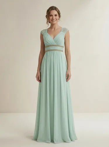Vestido largo de fiesta verde evasé escote V en gasa