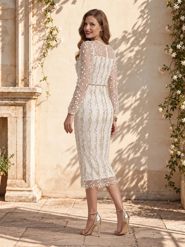 Vestido midi blanco y negro evasé manga larga