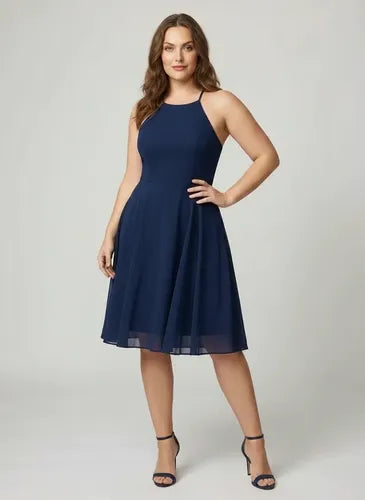 Vestido corto azul y burdeo gasa escote halter