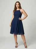 Vestido corto azul y burdeo gasa escote halter