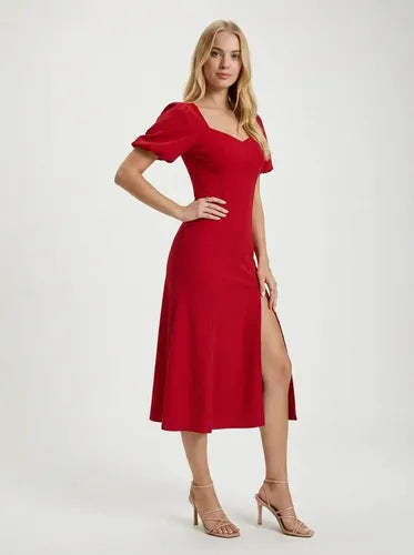 Vestido midi rojo vintage manga farol